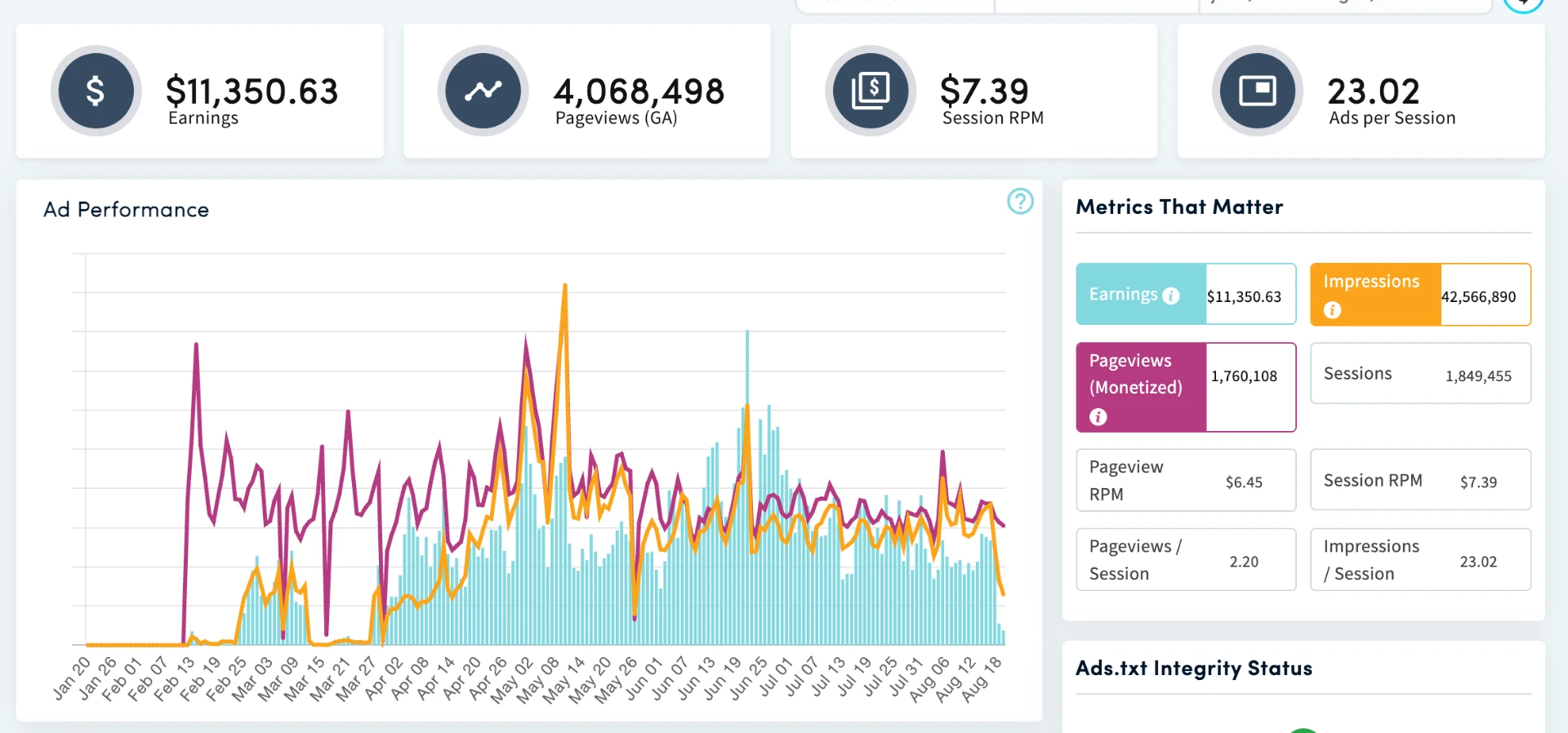 Monumetric dashboard - lifetime display ad earnings