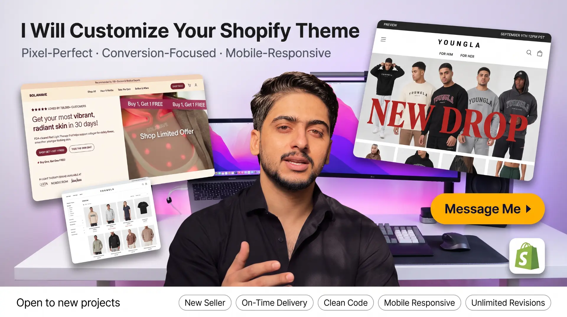 Burhan Ahmad, Shopify developer, at his desk with real Shopify client work